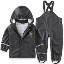 Custom Children Cotton Lined Hooded PU Raincoat for Kids Rain Jacket With Pant Waterproof Rain Gear